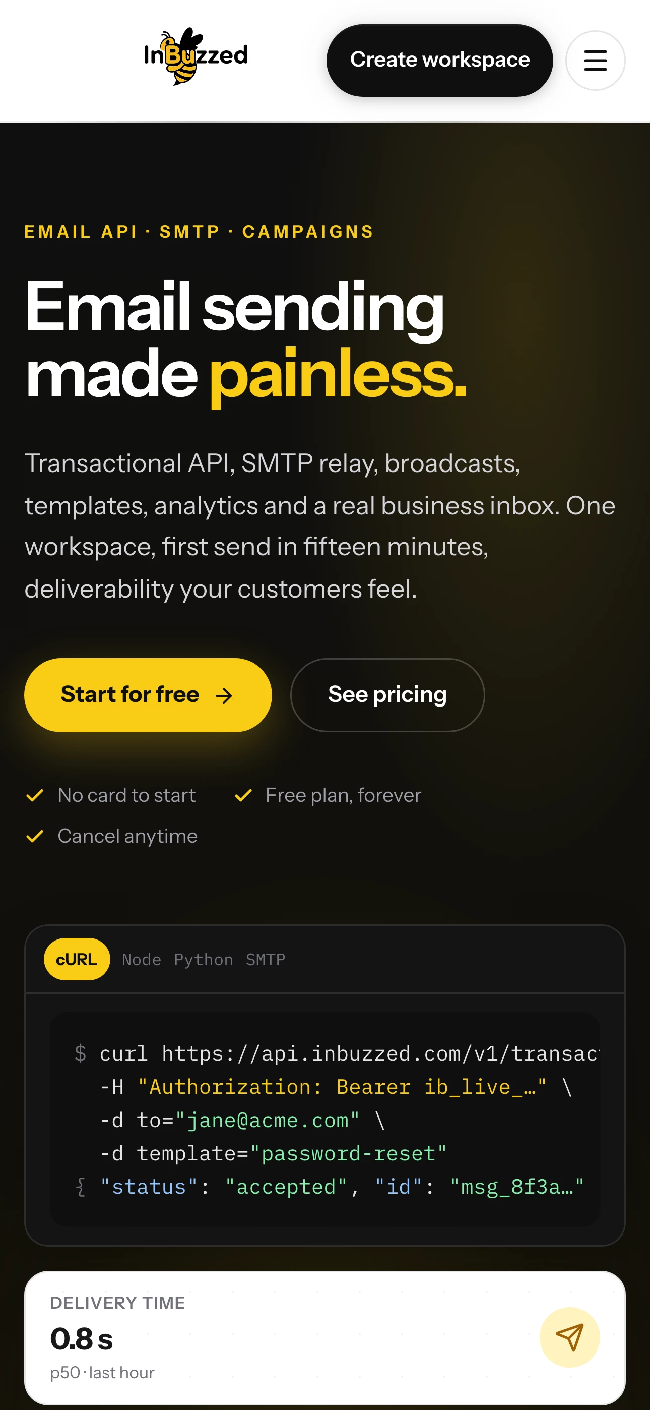InBuzzed home page on a phone: email sending made painless