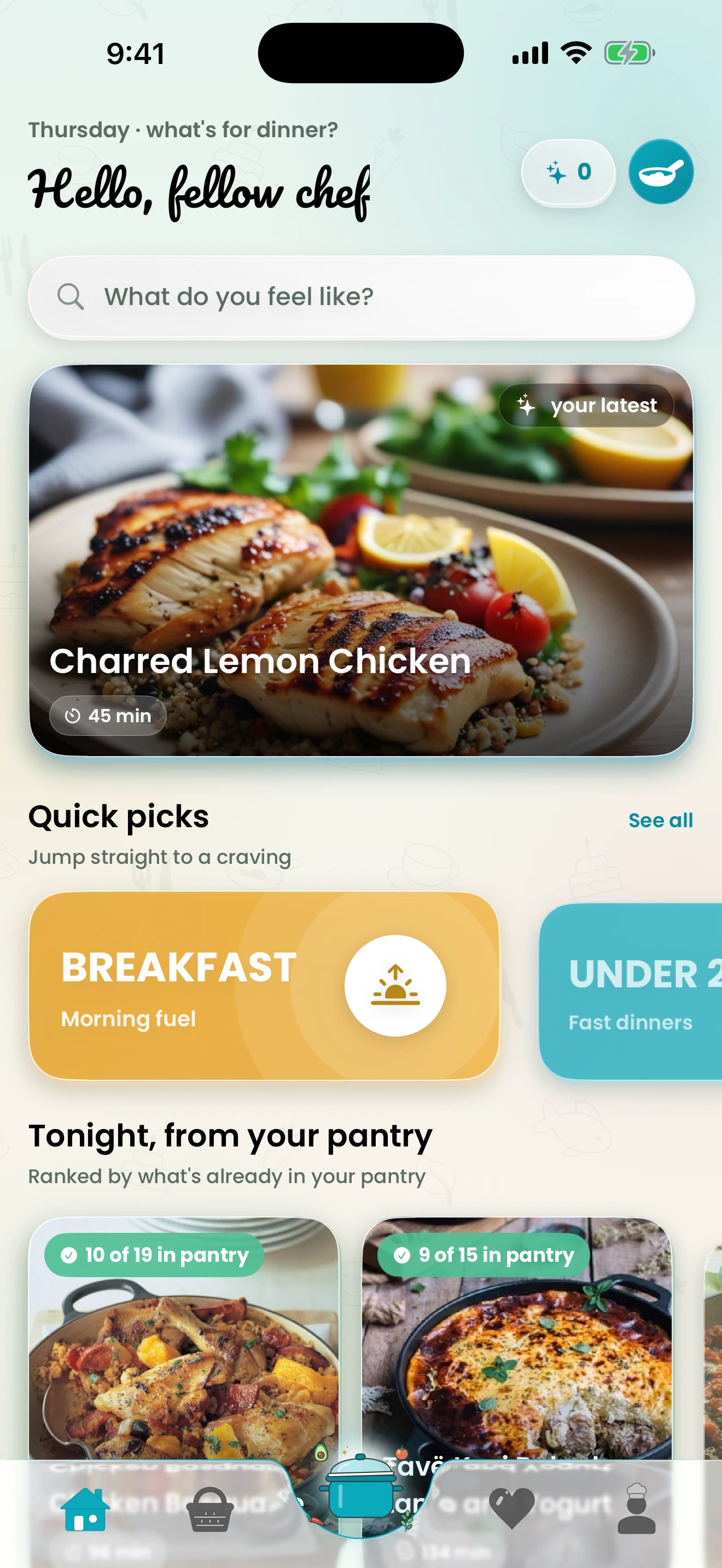 Recipe Wizard home screen: dinner ideas from your pantry